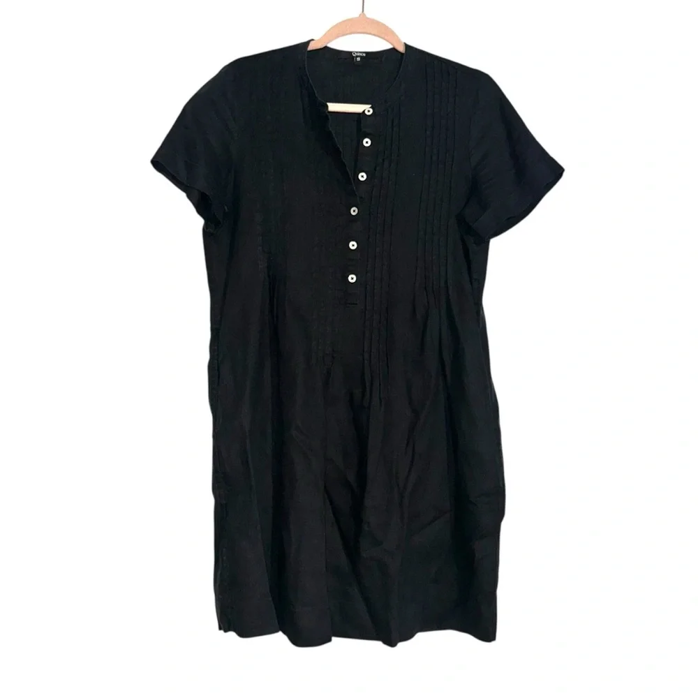 Quince Linen Short Sleeve Black Short Swing Dress with Pockets SMALL - Picture 2 of 7
